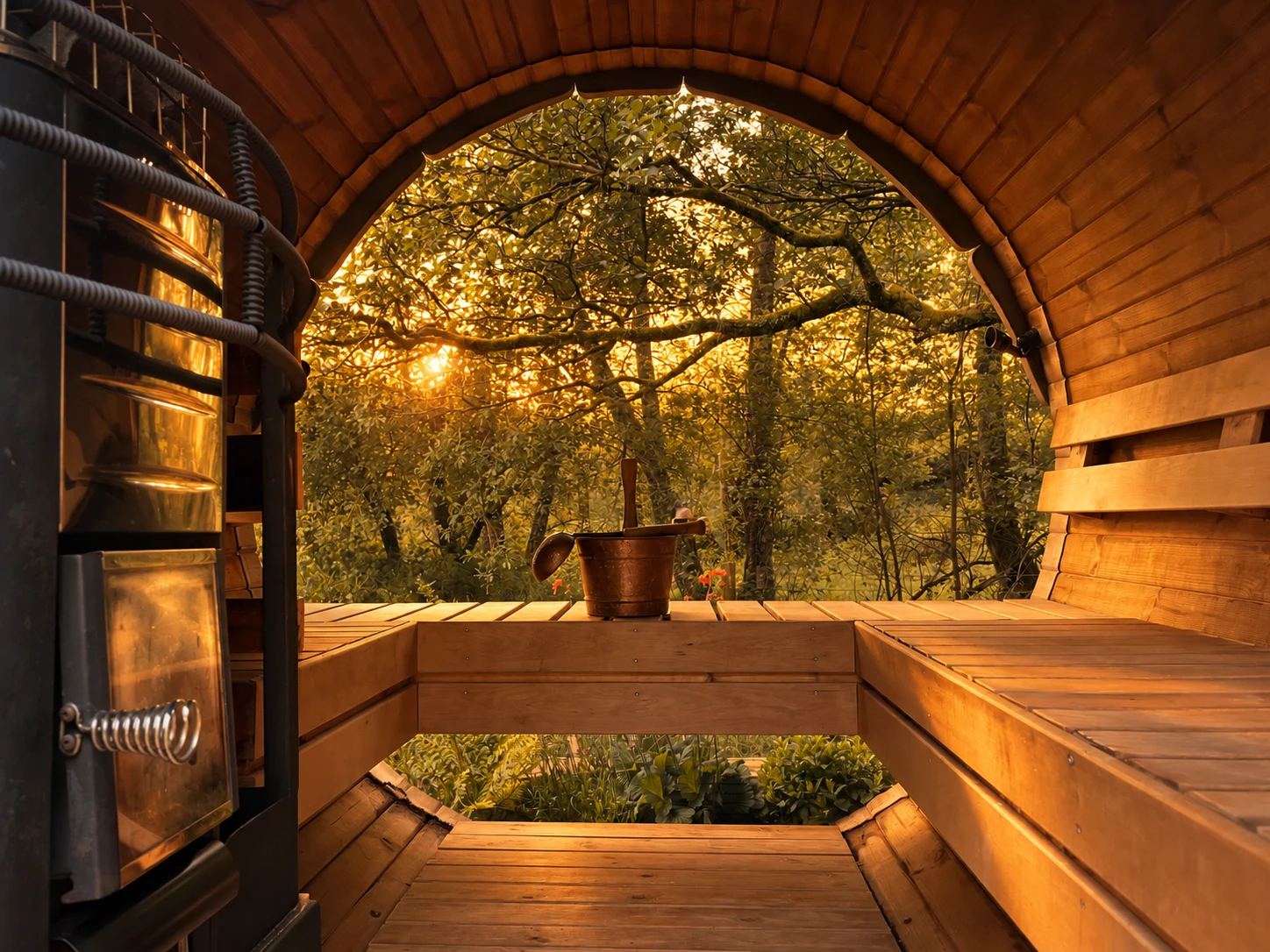 Golden light through the woodland sauna