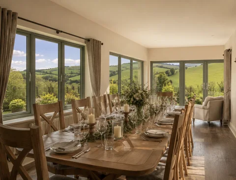 Dining table set with flowers beside windows overlooking the valley