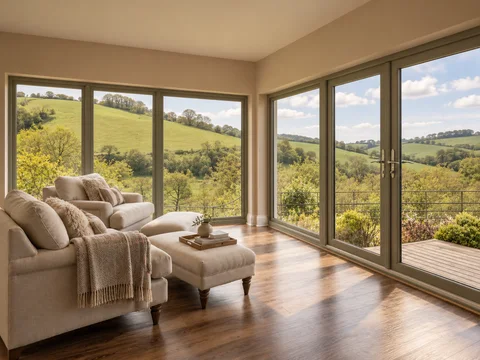 Armchairs and a footstool beside the Farmhouse sun room windows overlooking the valley