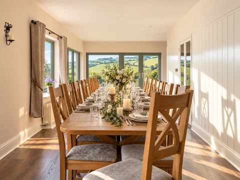 A long wooden dining table decorated with flowers in the Farmhouse sun room
