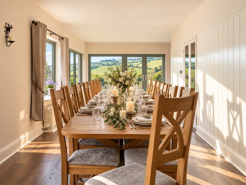 A long wooden dining table decorated with flowers in the Farmhouse sun room