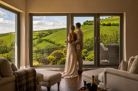 A wedding couple at the Farmhouse window overlooking the valley