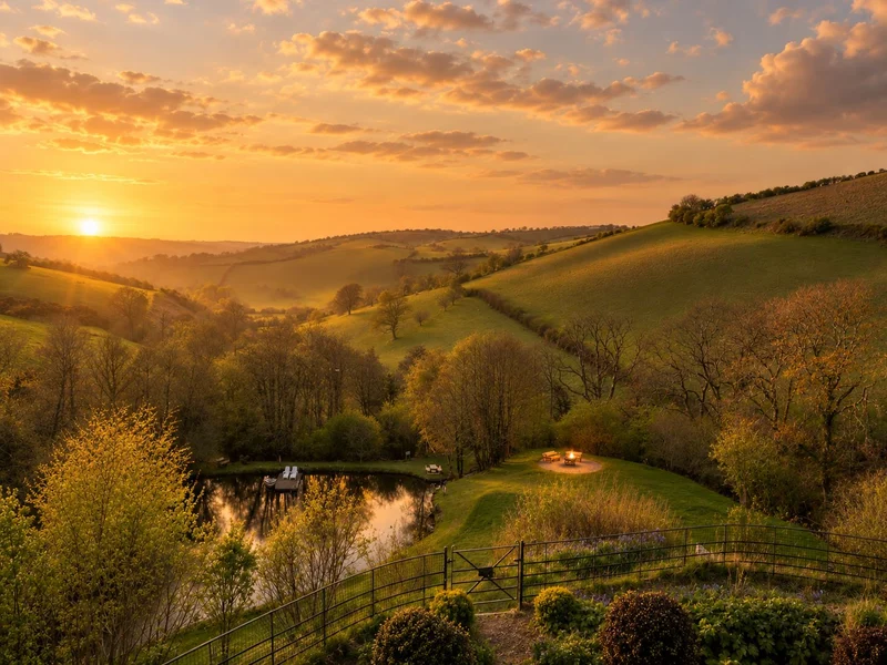 Golden evening light across the Longlands lake and lakeside firepit