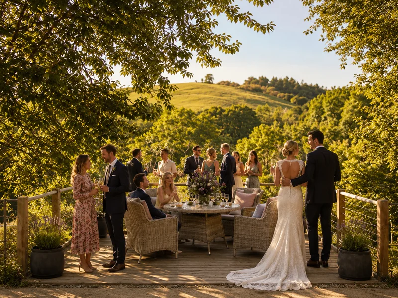 Wedding gathering on the terrace overlooking the Longlands valley