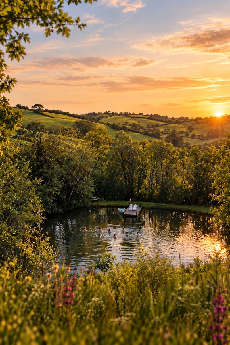 A group swimming in the Longlands lake beneath the evening sky