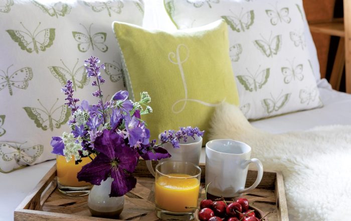 Luxury safari lodge bedroom with breakfast tray at Longlands Devon