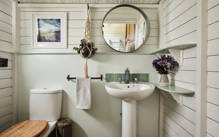 Private bathroom with toilet and basin inside safari lodge at Longlands Devon
