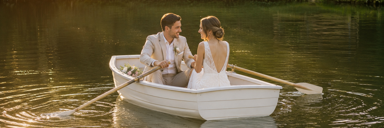 Newlyweds rowing across the private lake in the evening sunlight.