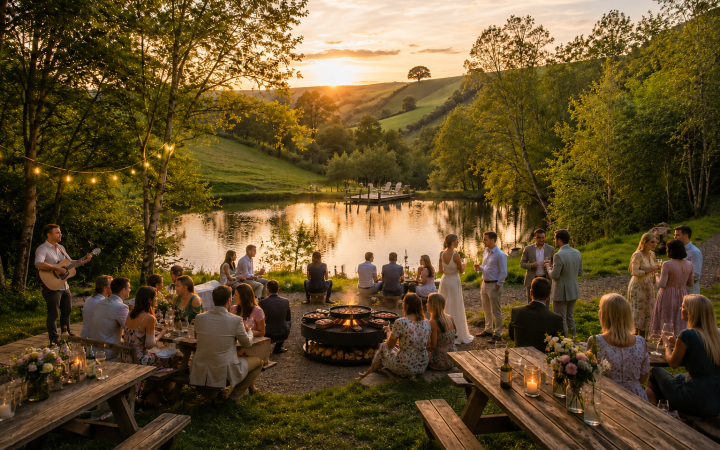 Wedding reception weekend in Devon with sunset views over the Longlands private estate wild swimming lake